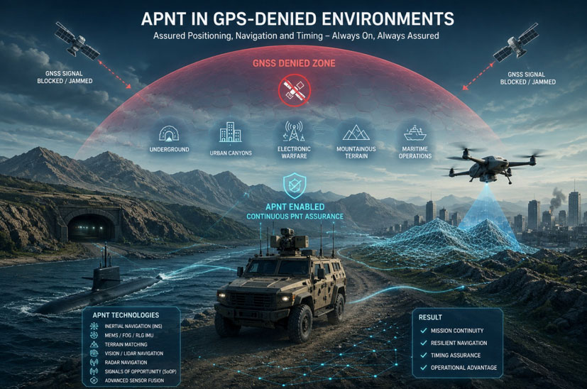 Autonomous platform navigating through a GPS-denied environment using APNT, inertial navigation and alternative positioning sensors.A GPS-denied environment refers to any situation where satellite navigation cannot be relied upon.