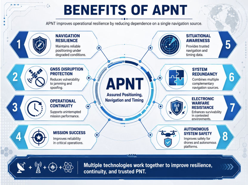 Infographic showing benefits of APNT including navigation resilience, GNSS disruption protection, operational continuity, mission success, situational awareness and system redundancy.