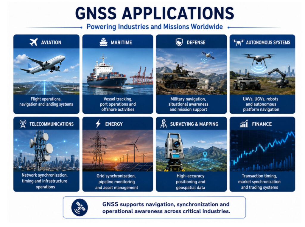 GNSS applications in aviation, maritime, defense, autonomous systems, telecommunications and energy.