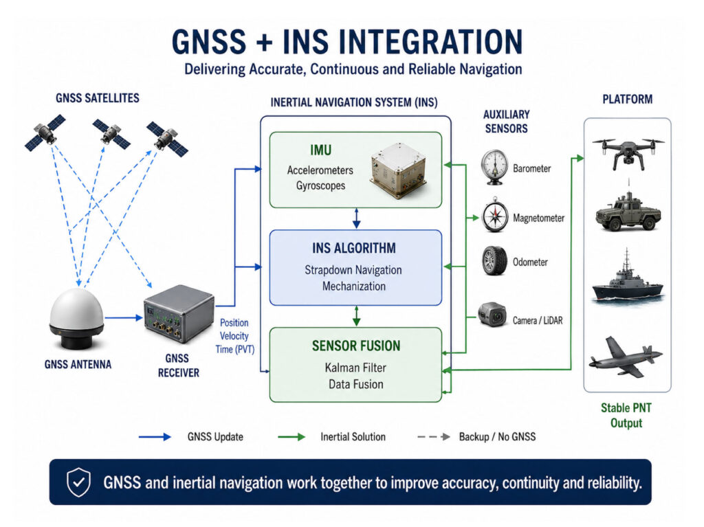 GNSS and inertial navigation system integration for reliable platform navigation.