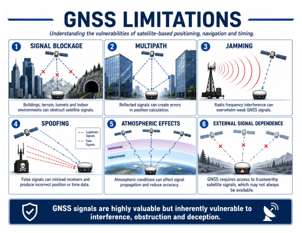 Infographic showing GNSS limitations including jamming, spoofing, multipath and signal blockage.