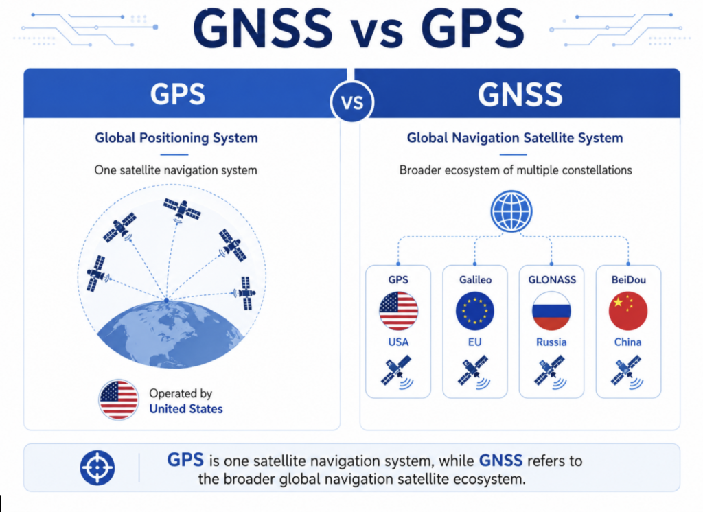 Infographic explaining the difference between GPS and GNSS satellite navigation systems.