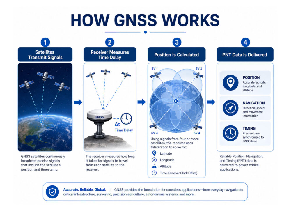 Diagram showing how GNSS works using satellite signals, time measurement and position calculation.