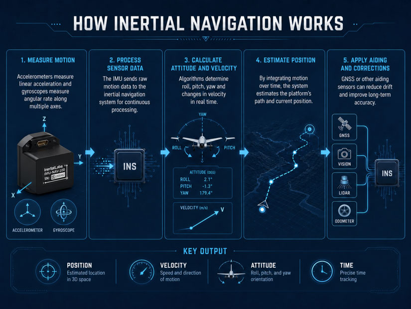 Infographic explaining how inertial navigation systems calculate position, velocity and attitude