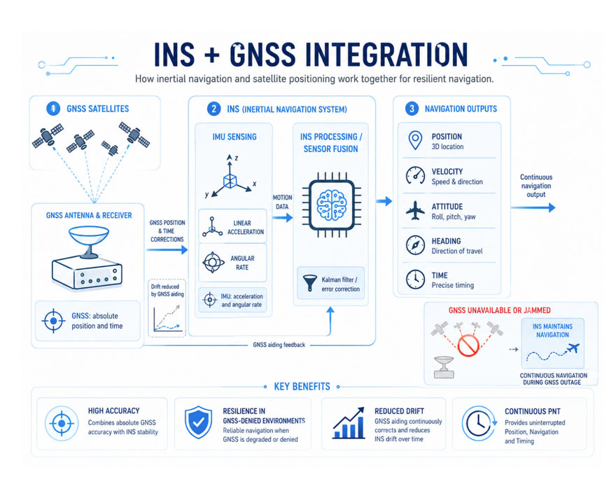 Diagram showing GNSS-aided inertial navigation system architecture