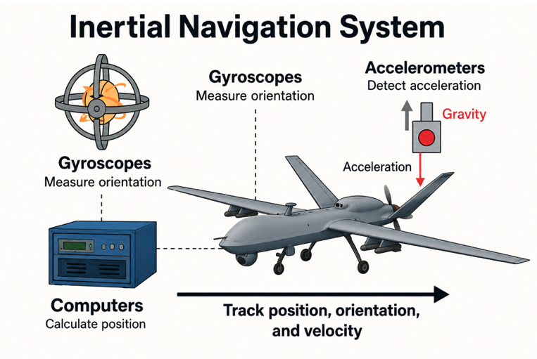 An Inertial Navigation System (INS) calculates position, velocity, and orientation using internal motion sensors without relying on external signals.