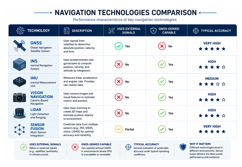 Navigation technologies comparison table showing GNSS, INS, IMU, vision navigation, LiDAR and sensor fusion performance, accuracy, and GNSS-denied capability.