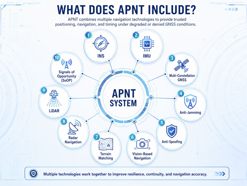 APNT system architecture infographic showing inertial navigation, IMU, GNSS, anti-jamming, anti-spoofing, vision navigation, LiDAR, radar, terrain matching and signals of opportunity.
