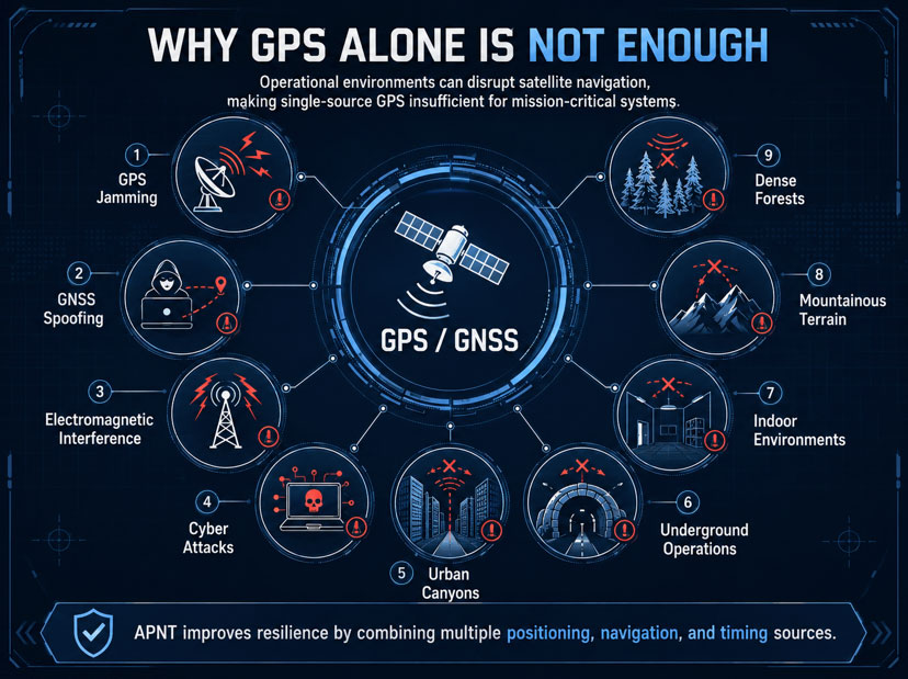 Infographic showing GPS limitations caused by jamming, spoofing, electromagnetic interference, cyber-attacks, urban canyons, underground areas, forests and mountainous terrain.