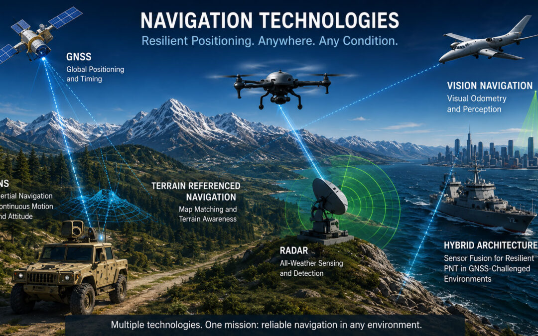 Multi-domain navigation illustration showing GNSS, INS, vision, radar, LiDAR and terrain referenced navigation.