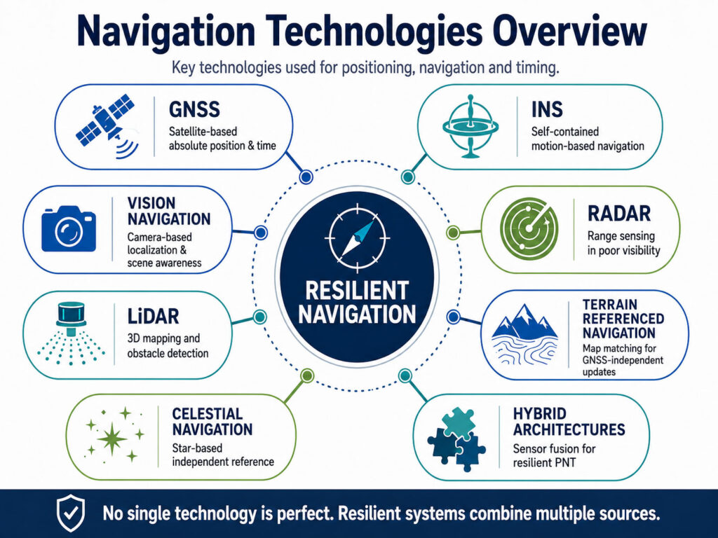 Infographic comparing GNSS, INS, vision navigation, radar, LiDAR, terrain navigation and celestial navigation.