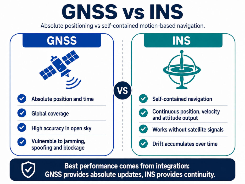 GNSS and inertial navigation comparison showing satellites, IMU sensors and continuous navigation output.