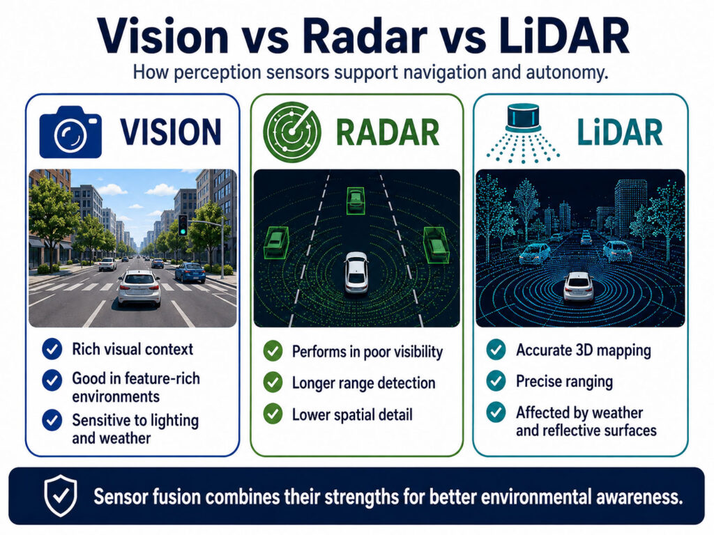 Comparison of camera vision, radar and LiDAR sensors for autonomous navigation and environmental awareness.