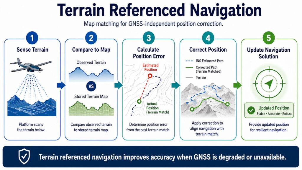 Terrain referenced navigation process showing terrain 