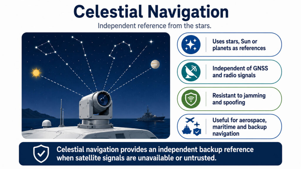 Celestial navigation illustration showing optical star reference used for aircraft or maritime navigation.