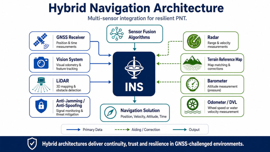 Hybrid navigation architecture diagram with INS, GNSS, radar, LiDAR, vision, terrain reference and sensor fusion.