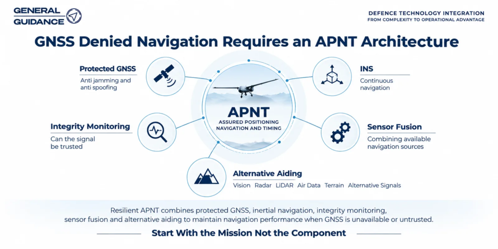 APNT architecture combining protected GNSS, INS, integrity monitoring, sensor fusion and alternative aiding.