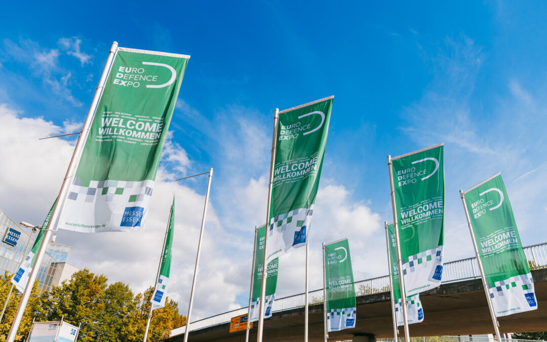Euro Defence Expo 2026 flags outside Messe Essen in Germany