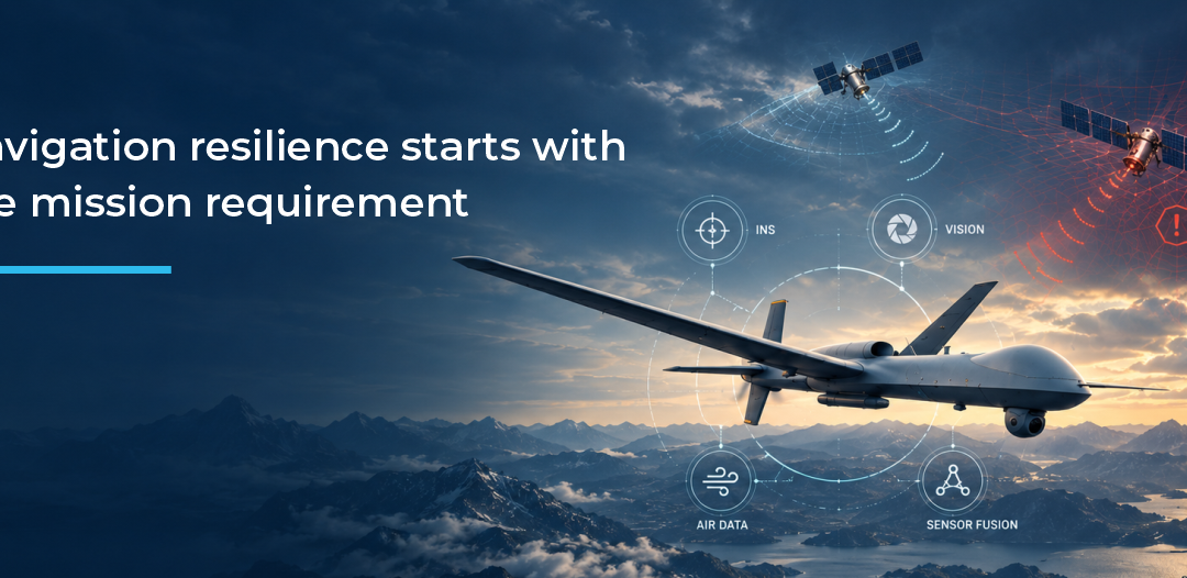 UAV flying over mountainous terrain with INS, vision, air data and sensor fusion overlays illustrating resilient navigation when GNSS is degraded.