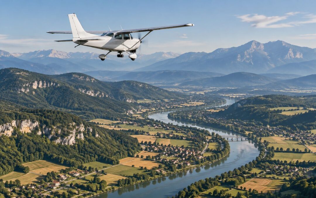 Light single-engine aircraft flying over a winding river valley and forested mountains, illustrating visual-aided inertial navigation in GNSS-denied flight tests