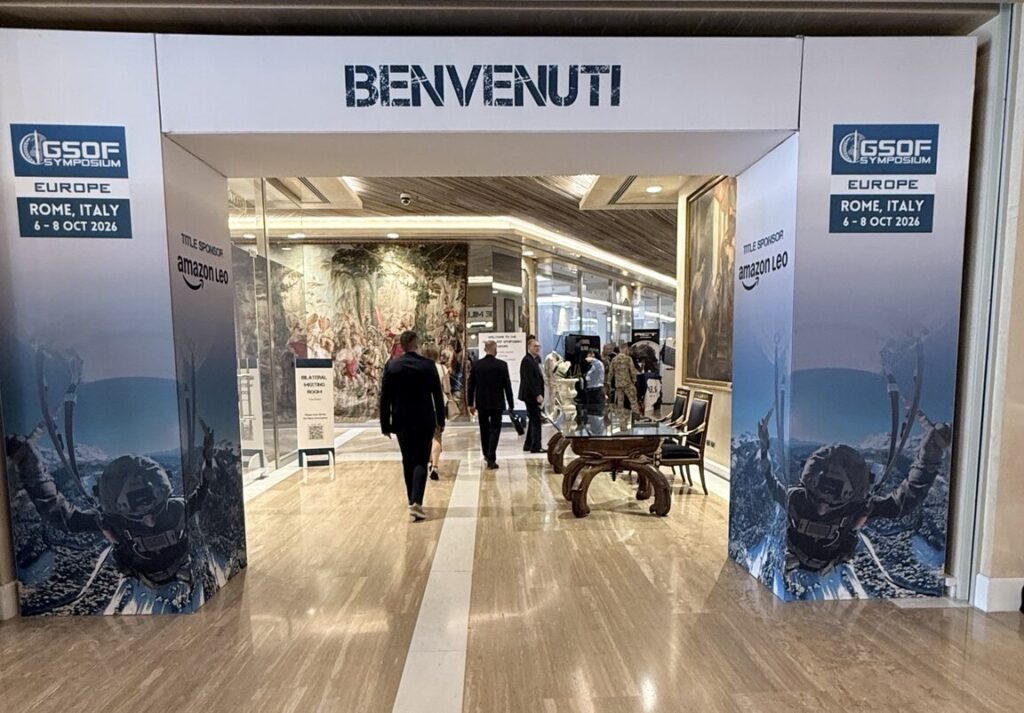Entrance to GSOF Symposium Europe 2026 in Rome, Italy, October 6–8, bringing together the international defense and special operations community.